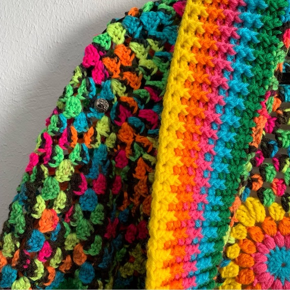 Handmade Crocheted Fluorescent Rainbow Granny Square Style Cocoon Cardigan - Picture 5 of 6